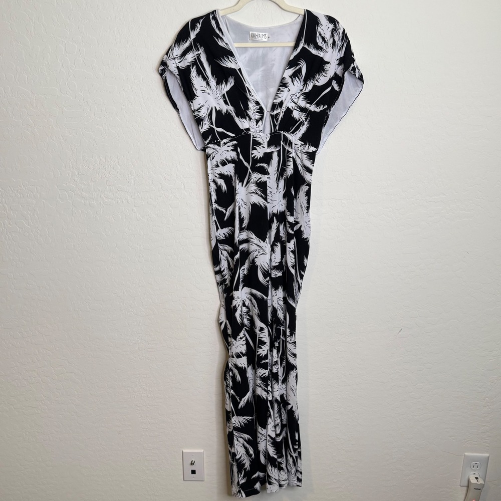XIX‎ Palms Women Rayon Jumpsuit 1 Black Tropical Palm Print Vacation Resort Boho